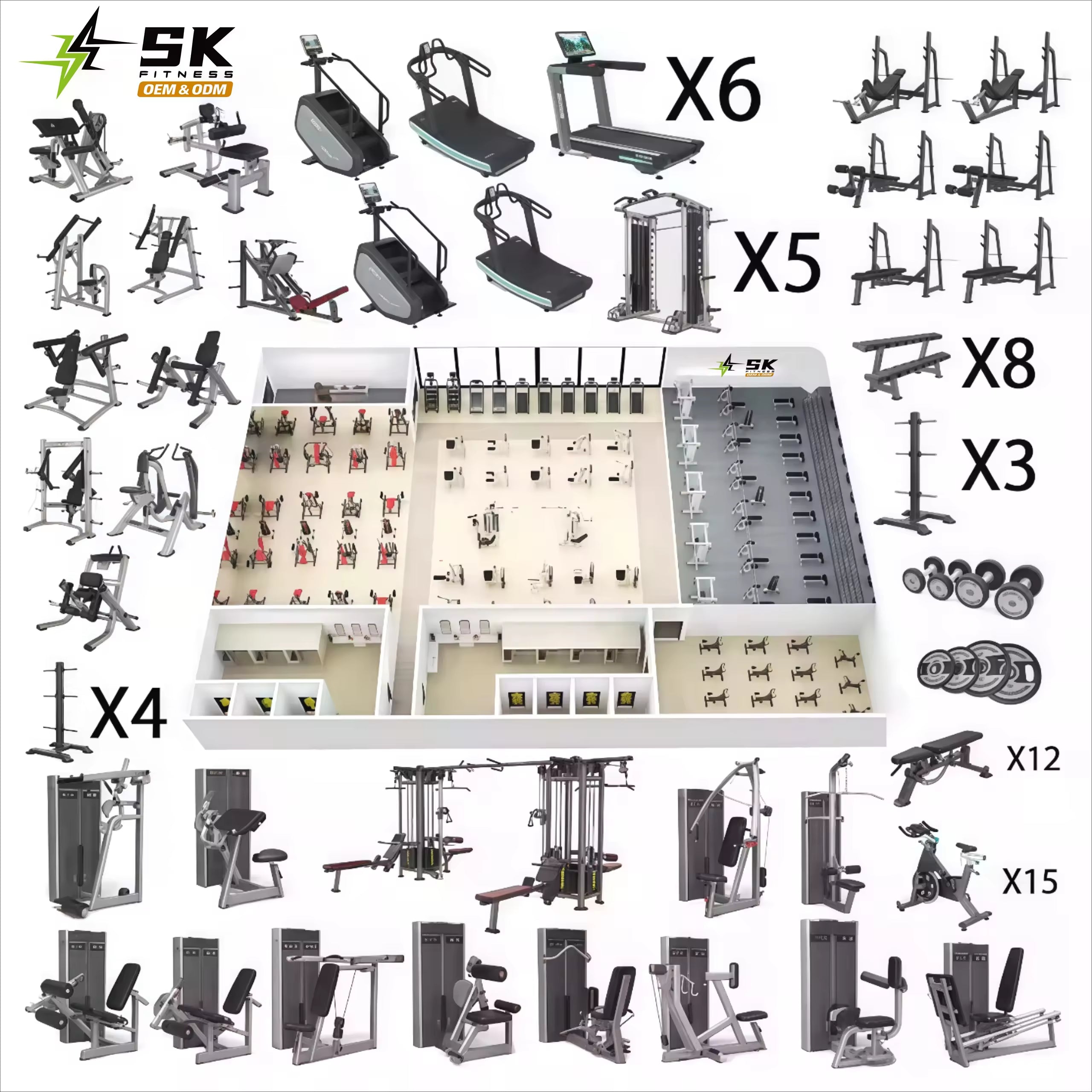 SK 800sqm Gym Complete Bodybuilding Equipment Commercial Strength and Cardio Training Machine for Hotel Club Fitness Center